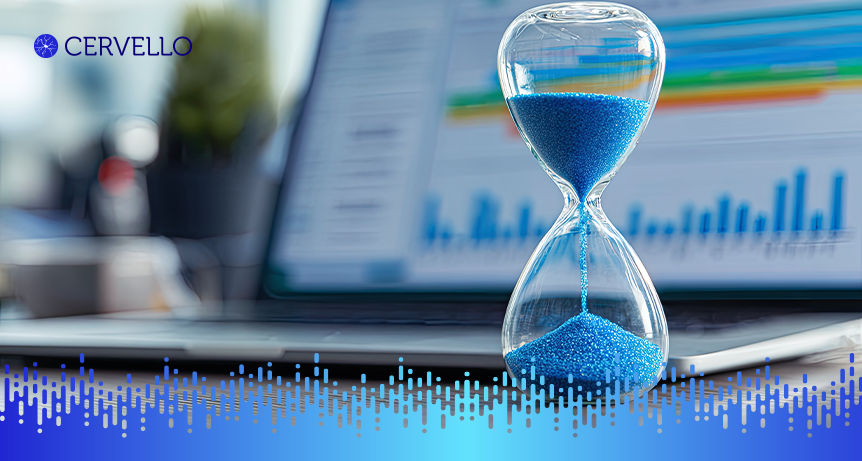 Imagem de uma ampulheta representando eficiência na automação de fluxo de trabalho, com gráfico de dados ao fundo e o logo Cervello, destacando inovação e tecnologia.