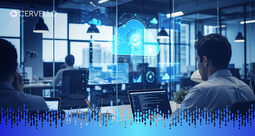 Imagem de uma equipe de profissionais em um escritório moderno trabalhando com tecnologia de nuvem e comunicação integrada, facilitando a troca de informações.