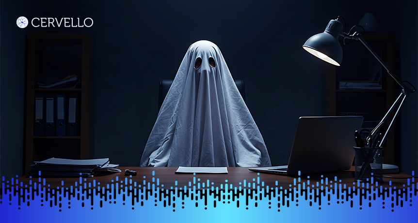 Imagem que representa o conceito de shadow IT, mostrando uma pessoa disfarçada com uma roupa que parece um fantasma em um ambiente de escritório, simbolizando o uso de tecnologia não autorizada.